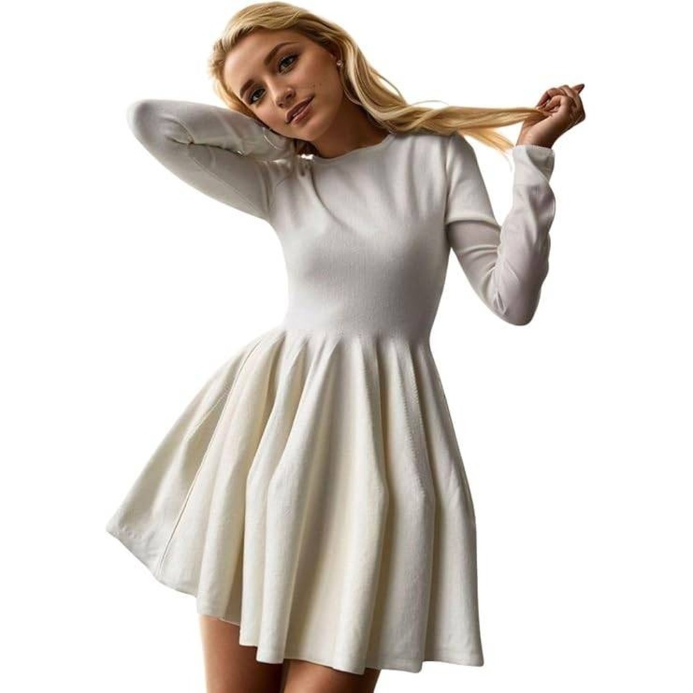 Commense Beige Sweater Dress Thick Pleated Long Sleeve Fit and Flare Mini M - Picture 3 of 7